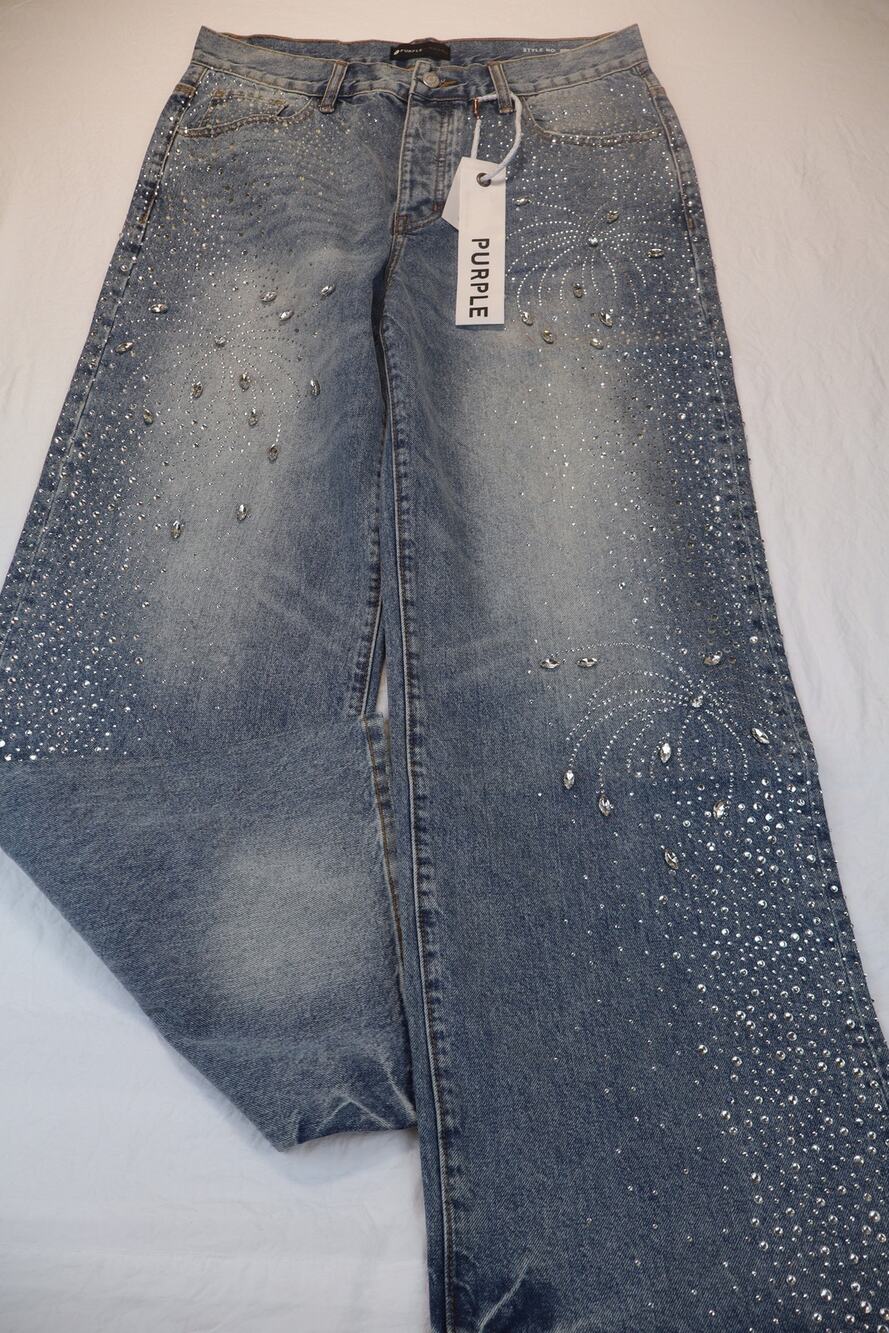 NEW Purple Brand Rhinestone Jeans Women's Blue Wide Leg High Rise Size 34